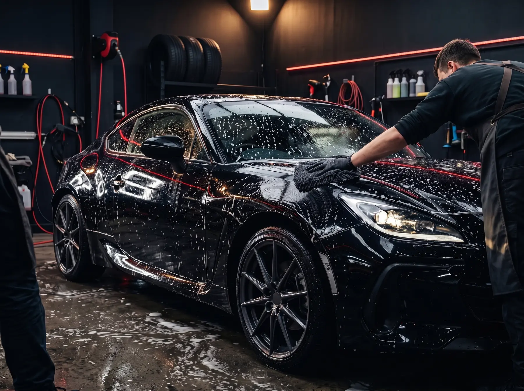 Detailer washing the glossy exterior of a black coupe in a professional detailing bay