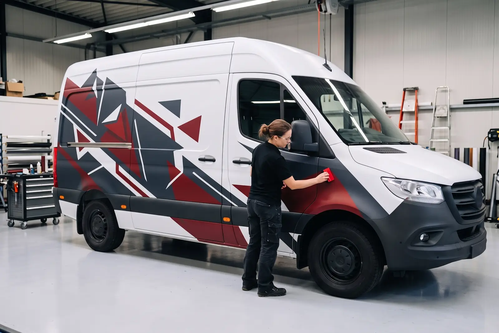 Technician applying an abstract red, charcoal, and white graphic wrap to a commercial van