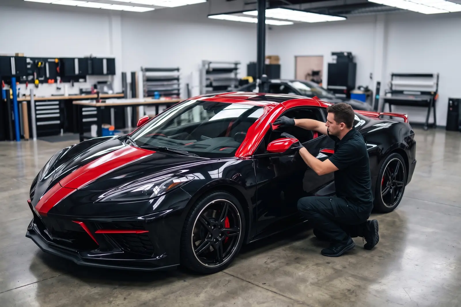 Technician installing red partial wrap accents on a black sports coupe
