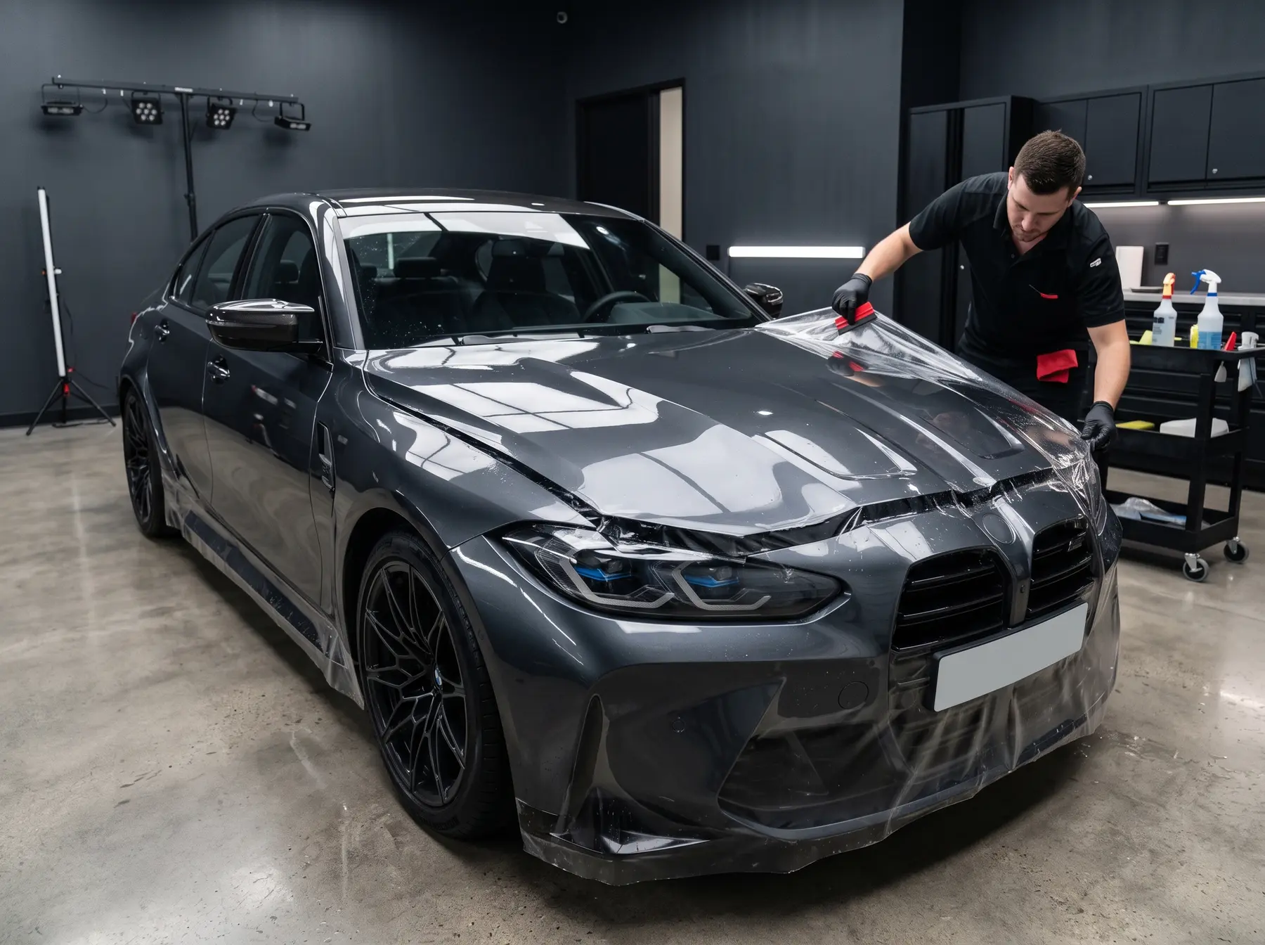Technician applying paint protection film across the front of a dark vehicle