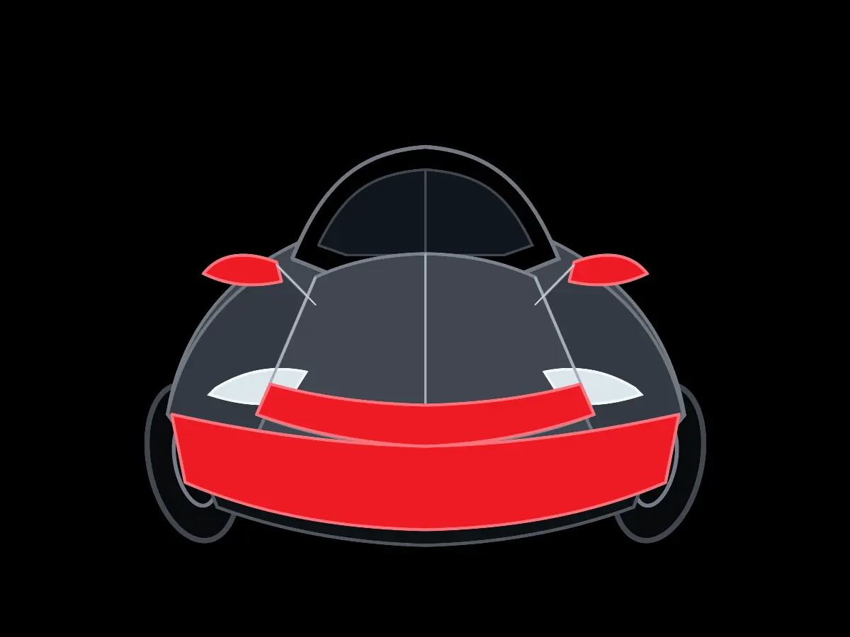 Technical vehicle diagram highlighting PPF on the front bumper, hood leading edge, and mirror caps