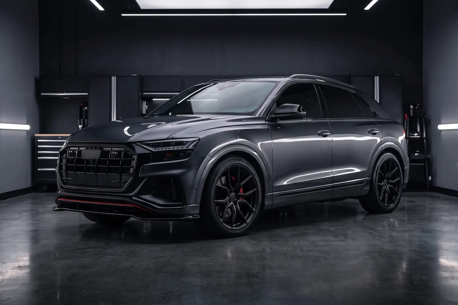 Finished dark luxury SUV with blackout trim, custom wheels, and a subtle red front accent