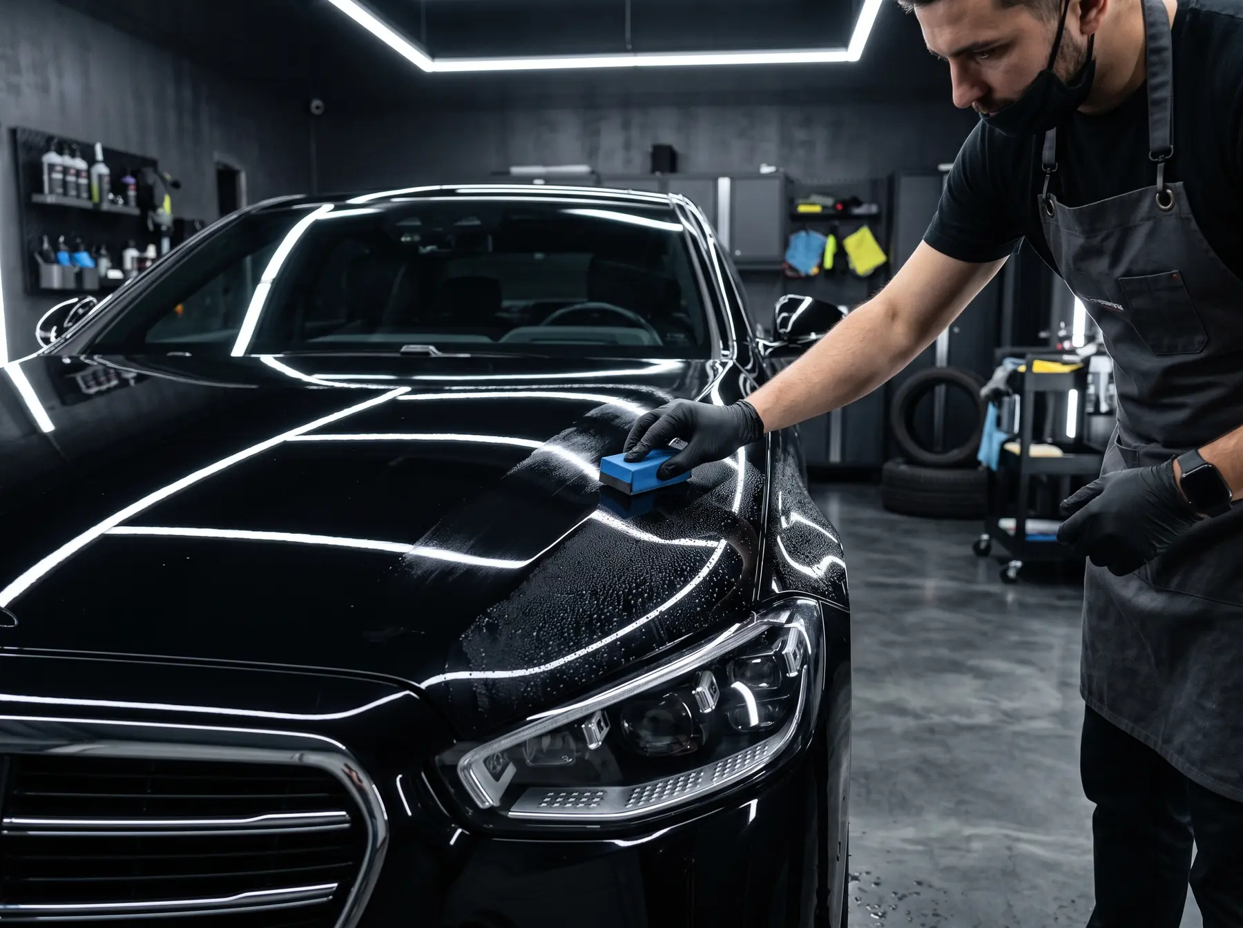 Technician applying ceramic coating to the hood of a dark vehicle