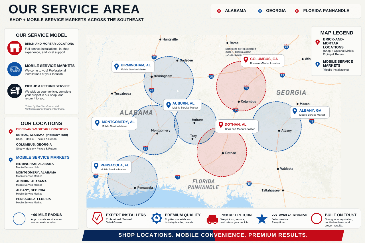 New York Customz service area map covering Dothan Alabama and surrounding regions